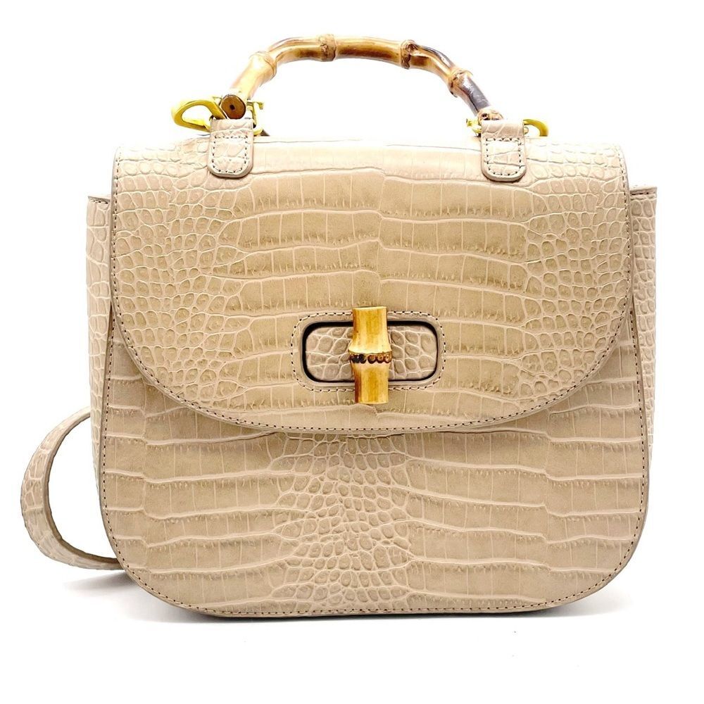 Fawn Design The Bamboo Shoulder Bag in Latte Faux Croc Purse Limited Edition NEW